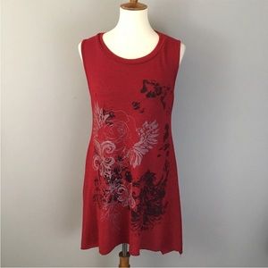 PAPILLON Red Floral Knit Tunic Sleeveless Sz M Top Asymmetric Hem Art to Wear